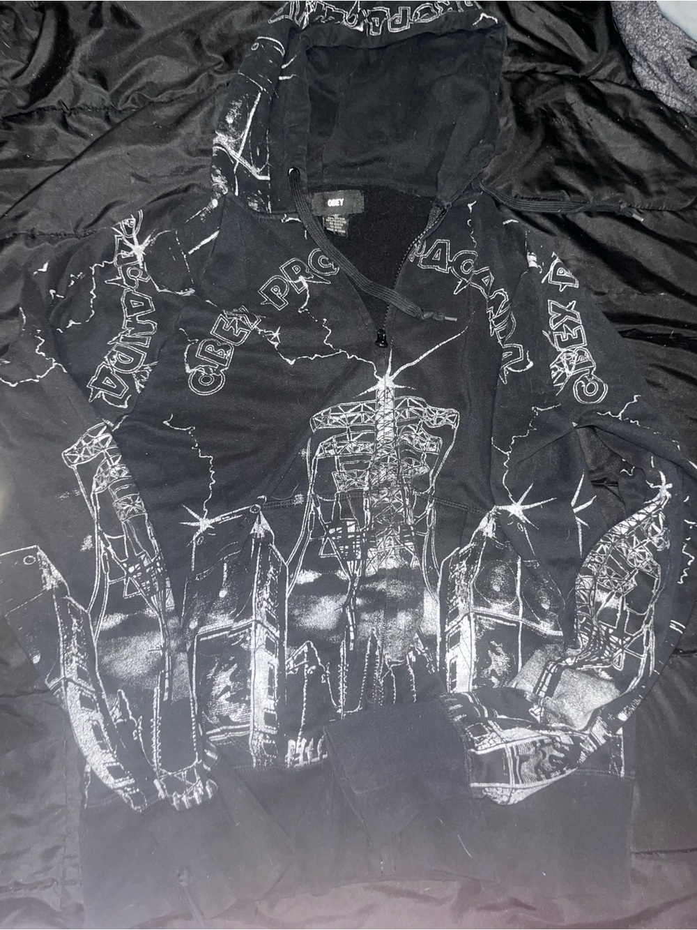 Obey Black Graphic Hoodie with White city scape Print size medium